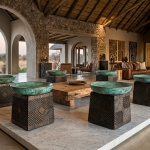 Lodge Lobby Installation: Monolith Verdigris Stools